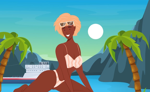 벡터 해변에서 일광욕을 하는 여자 비키니와 바다 해변 럭셔리 리조트에서 휴식을 취하는 선글라스를 입은 소녀