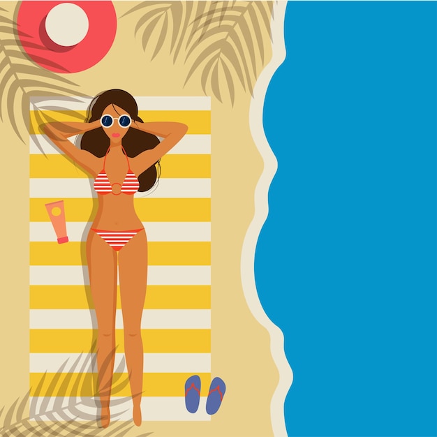 Vector woman sunbathing in sunglasses