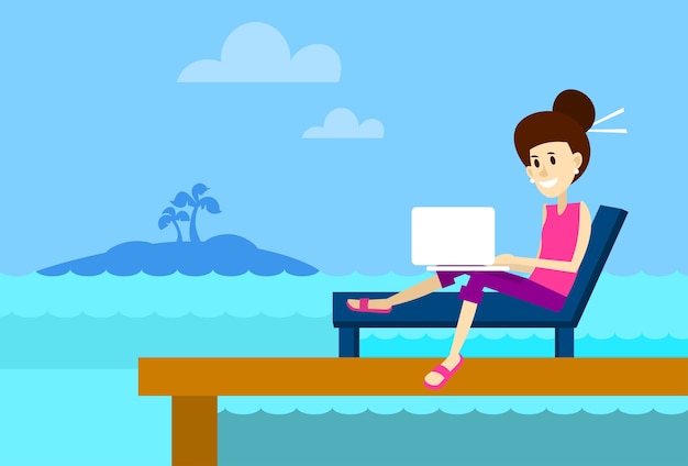 Vector woman on sunbed using laptop