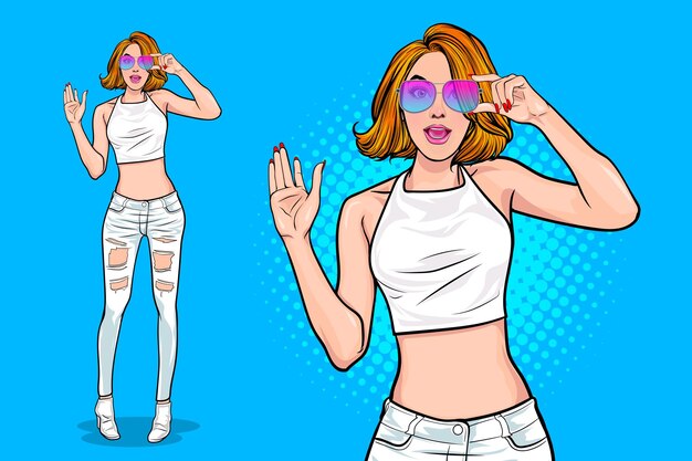 Woman and sunglasses confident standing pop art comic style