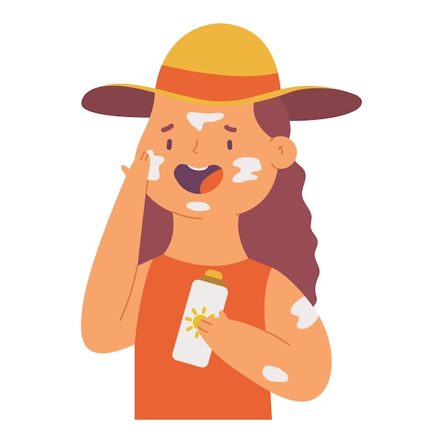 Woman in sunhat applying sunscreen vector cartoon character isolated on a white background