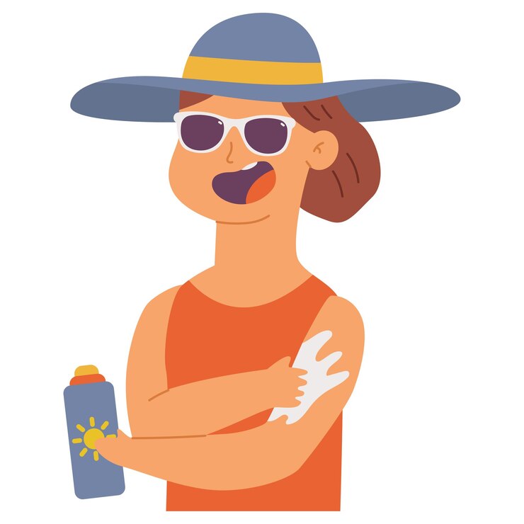 Vector woman in sunhat and sunglasses applying sunscreen vector cartoon character