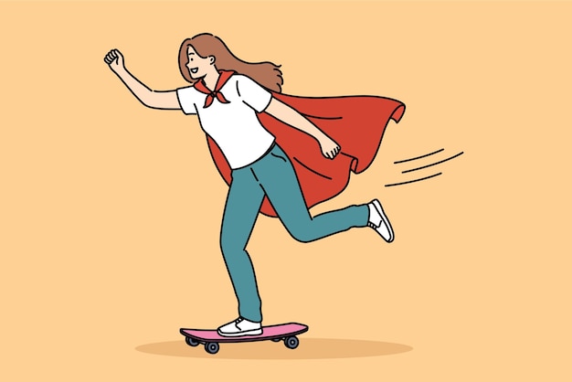 Woman in superhero cape uses skateboard to move around city and reach people in need of help