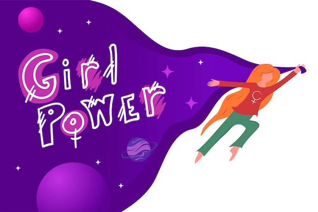 Vector woman superhero is flying through space girl power feminism