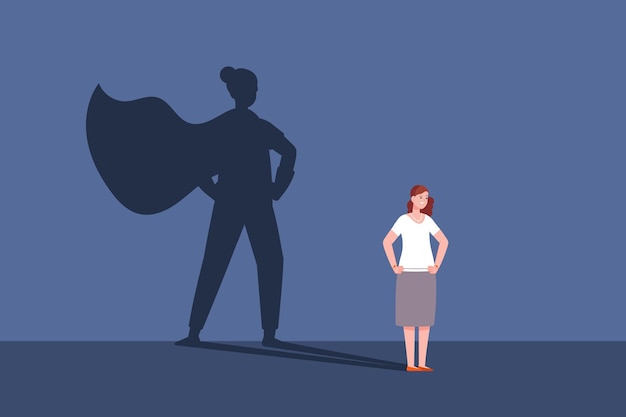 Vector woman superhero shadow superwoman motivational concept strong women super lady business work manager character female power action confident leader with cape vector illustration of superhero woman