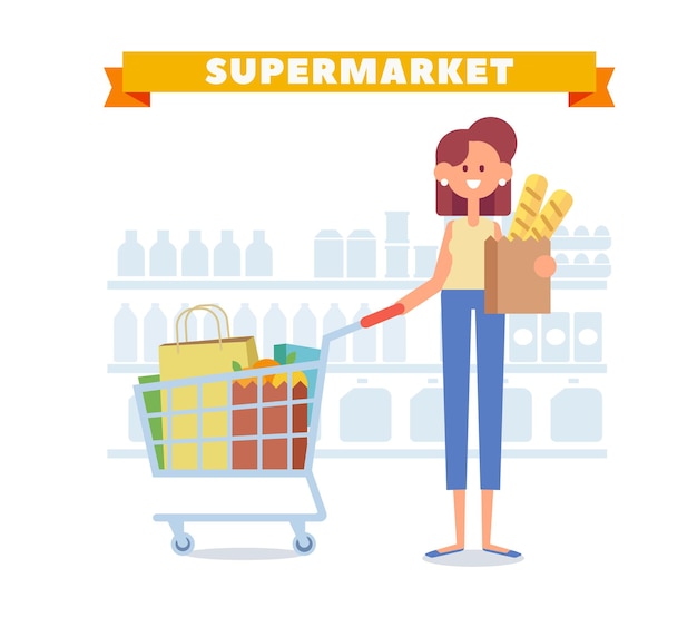 Woman in supermarket or grocery flat vector illustration cartoon character