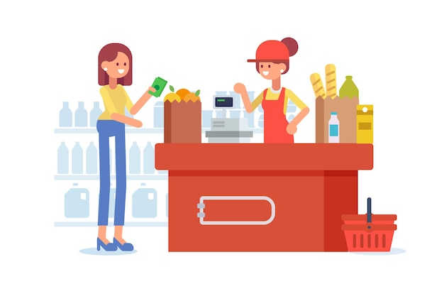 Woman in supermarket or grocery flat vector illustration Cartoon characters