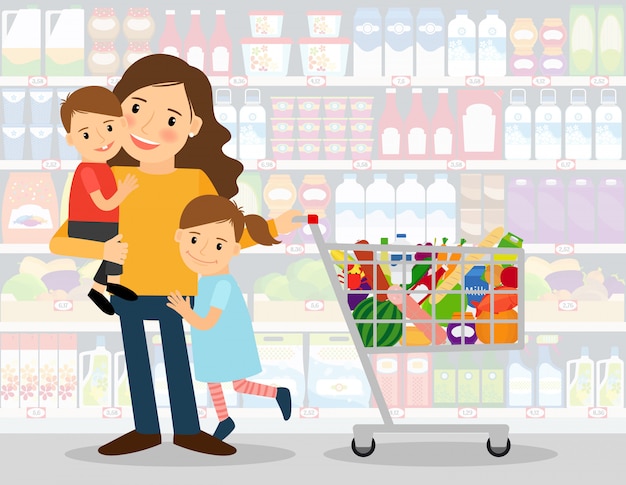 Donna in un supermercato con due bambini piccoli e carrello della spesa pieno di generi alimentari. illustrazione vettoriale