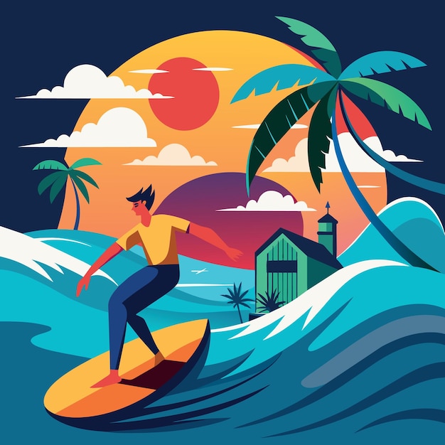 Vector a woman surfing in the ocean with a sunset in the background