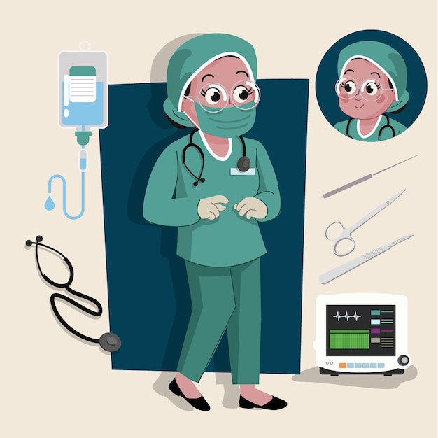 woman surgeon cute 2d character ready for animation complete with job tools