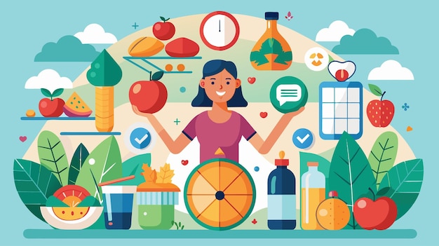 Vector woman surrounded by various foods