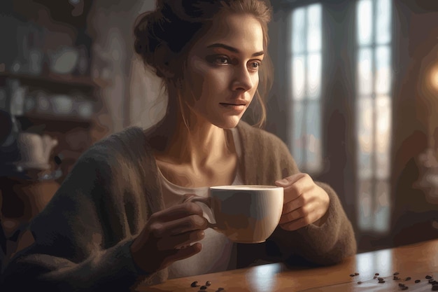 セーターと帽子をかぶった女性が朝のテーブルでお茶を飲んでいるセーターを着た女性が