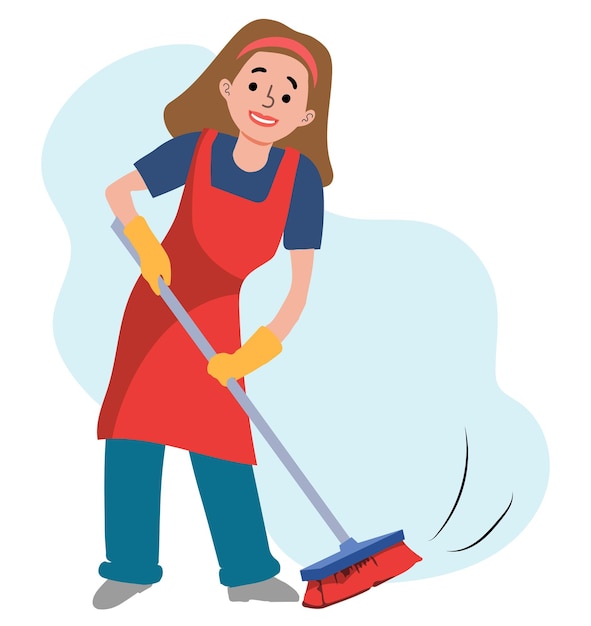 Woman sweeping the floor using broom vector isolated. Idea of housework, housewife cleaning the room