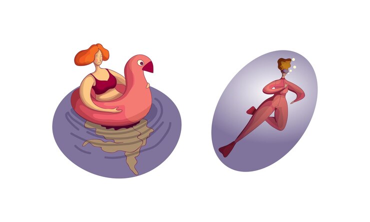 Vector woman swimming with rubber ring and diving in goggles vector set