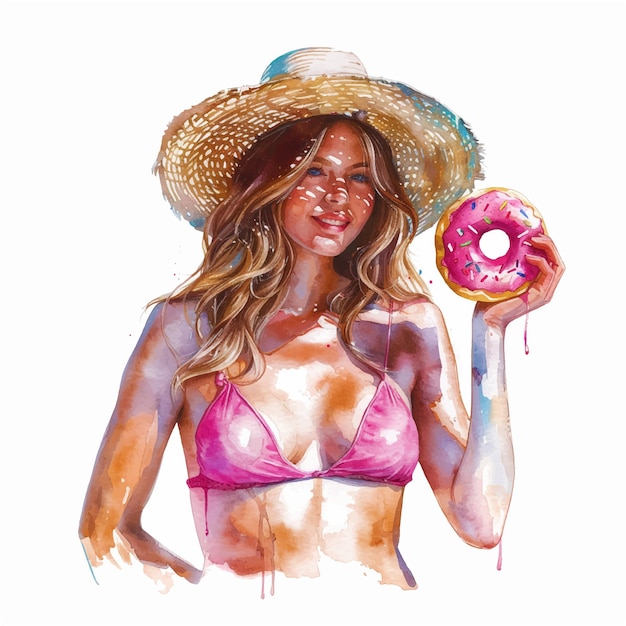 Vector woman in a swimsuit and hat holding a donut watercolor paint