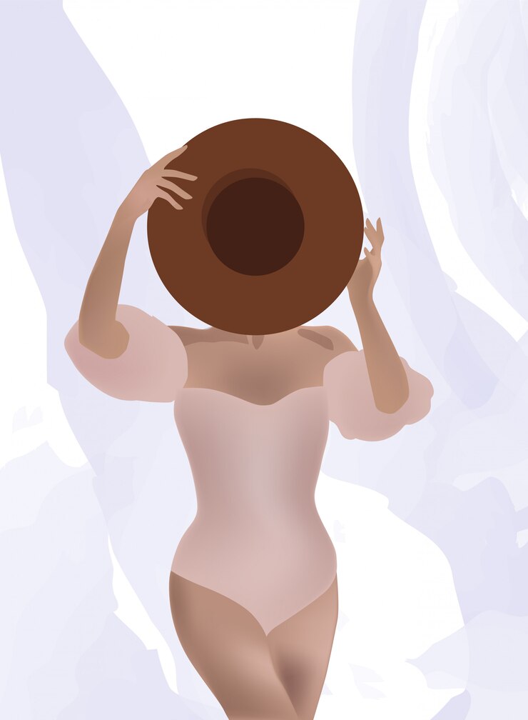 Vector woman in swimsuit holding a hat in front of her face. 