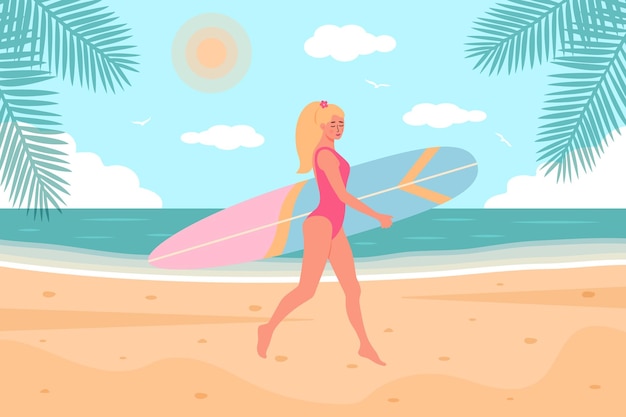 Vector woman in swimsuit with surfboard walking on the beach tropical palm leaves around summertime