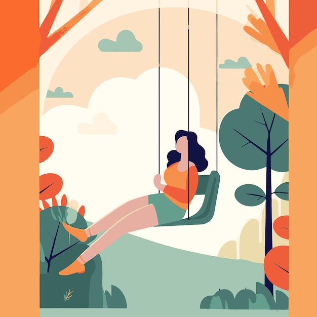 Vector woman on swing enjoying nature
