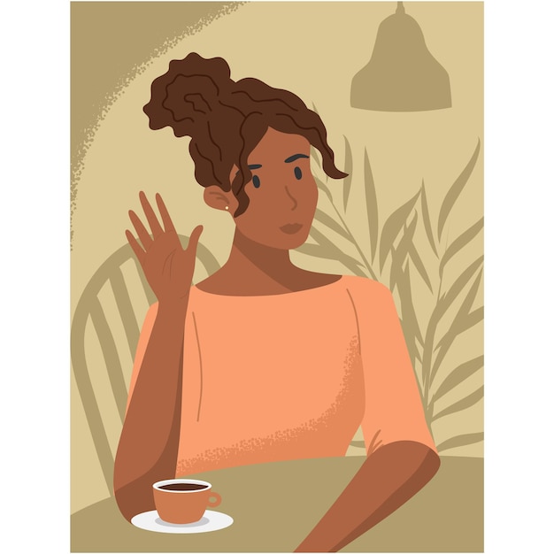 Woman at table waving hand gesturing hello vector