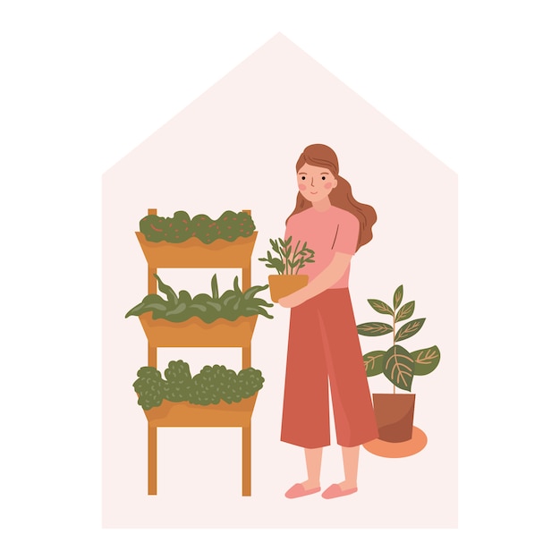 woman take care plants. Gardening. Stay at home concept