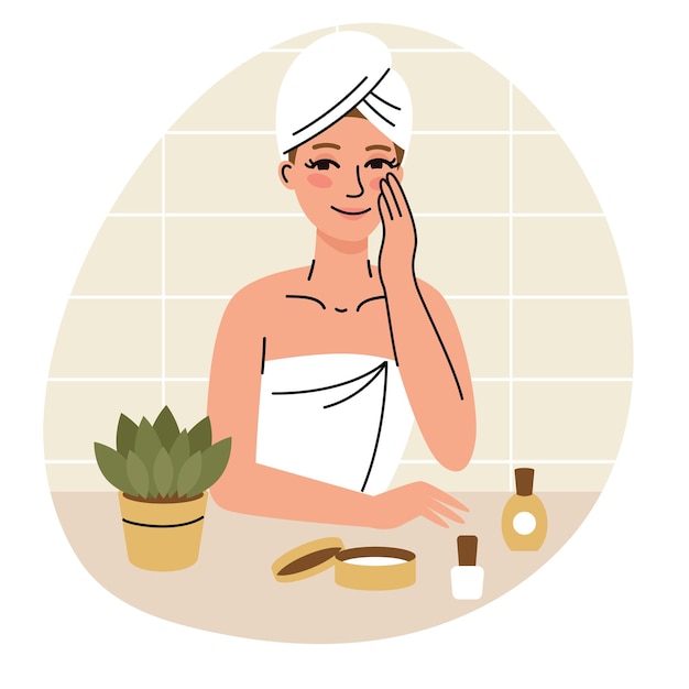 a woman takes care of her face morning routine a moisturizer flat cartoon vector illustration