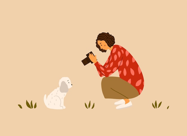 A woman takes a photo of a cute white dog. Flat vector illustration.