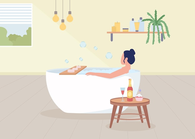 Woman taking bath flat color vector illustration