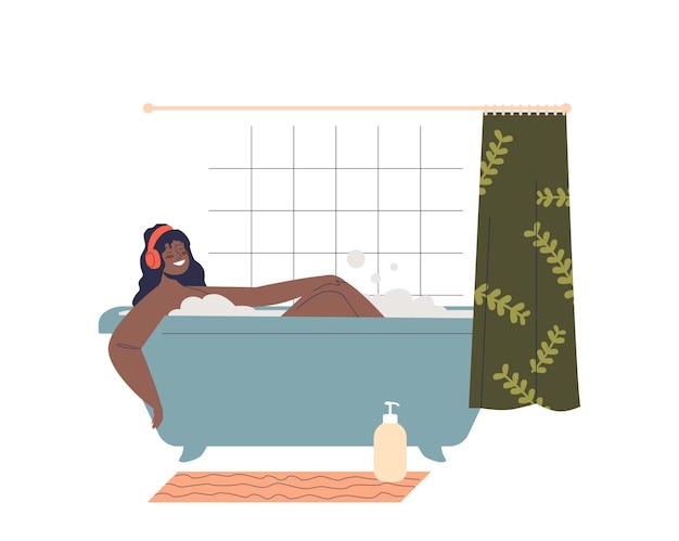 Vector woman taking bath listening to music. african american girl relax in bathroom enjoy hot water