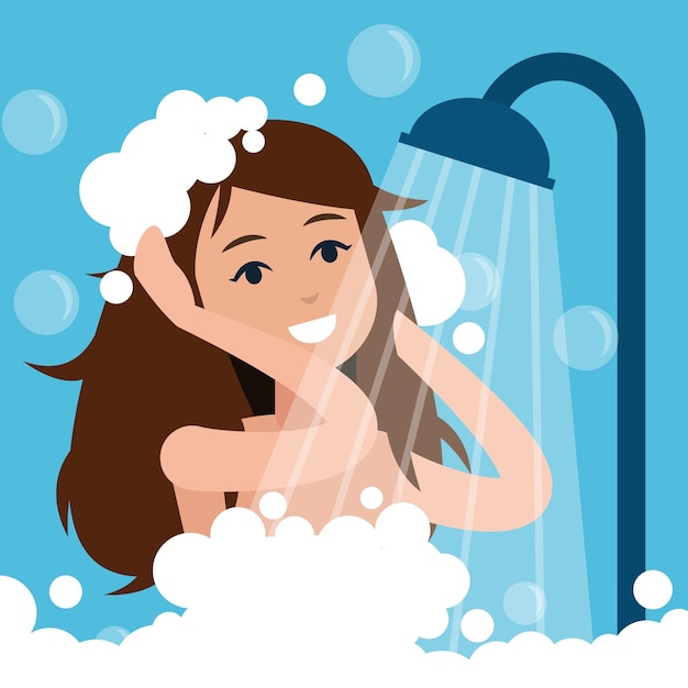 Vettore donna che fa il bagno ragazza rilassante in bagno illustrazione vettoriale in stile piatto