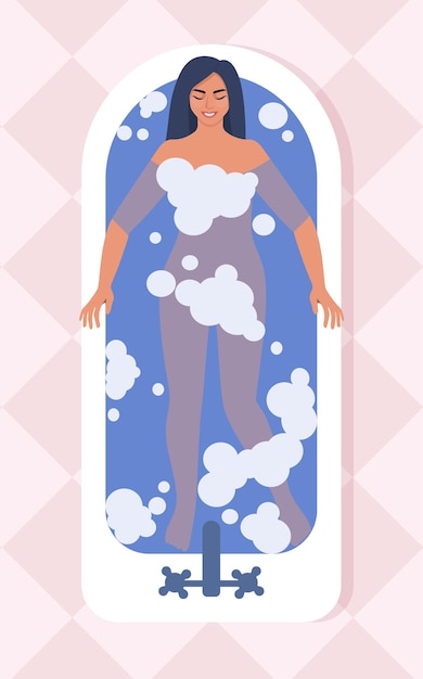 Vector woman taking a bath top view relaxing girl in bathroom contented relaxed woman smiles