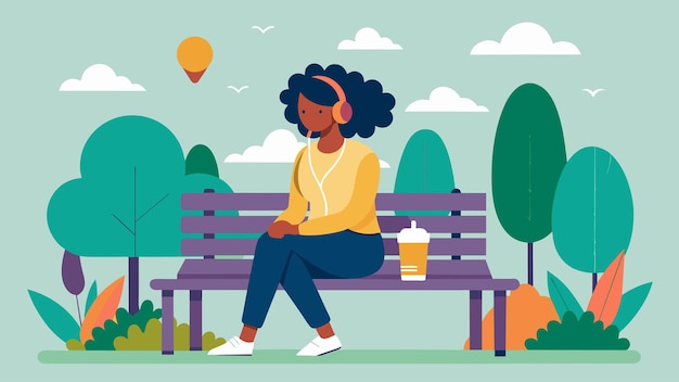 Vector a woman taking a break from work sitting on a park bench and listening to a personal growth podcast