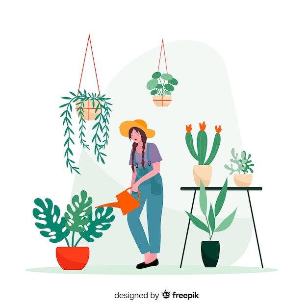 Vector woman taking car e of plants, gardener working