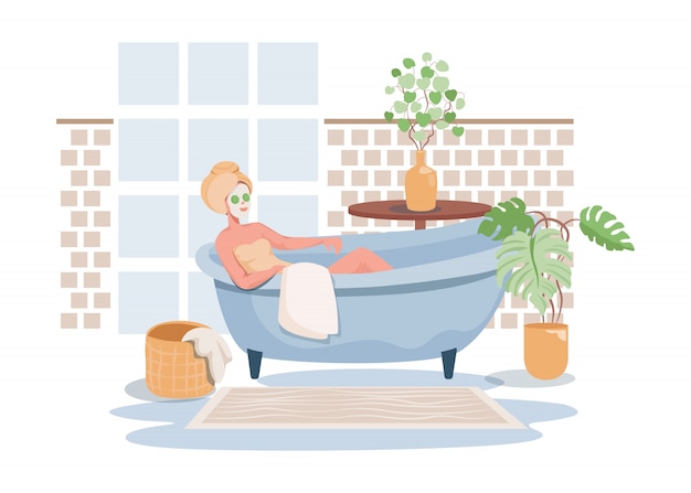 Vector woman taking care of herself flat illustration. bath time, spa procedure in salon, hotel, or at home.