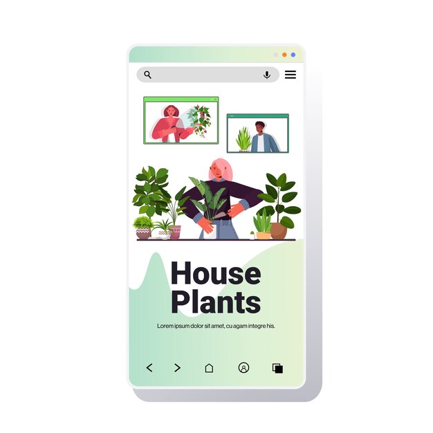 Donna che si prende cura delle piante d'appartamento casalinga discutendo con mix gara amici nelle finestre del browser web durante la videochiamata sullo schermo dello smartphone ritratto spazio copia