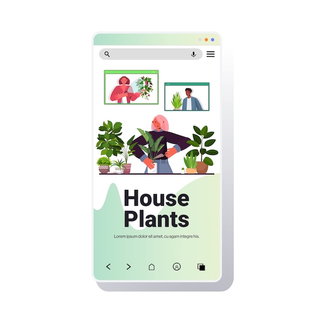 woman taking care of houseplants housewife discussing with mix race friends in web browser windows during video call smartphone screen portrait copy space