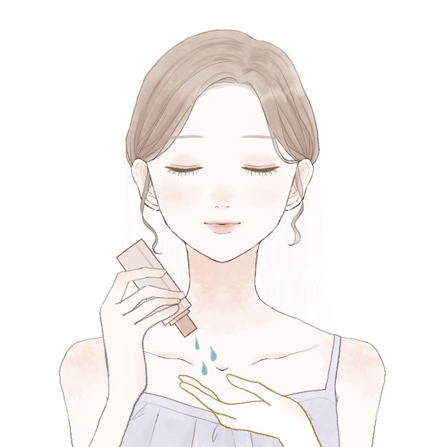 Woman taking oil for skin care. on a white background.