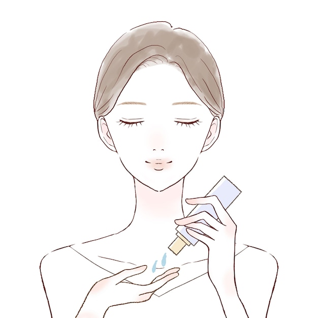 Vector woman taking oil for skin care. on a white background.