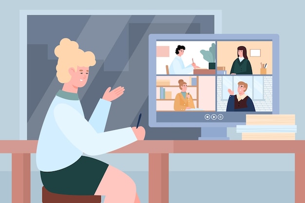 Woman taking part in webinar or online conference flat vector illustration