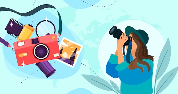 a woman taking a photo of a camera with a picture of a camera