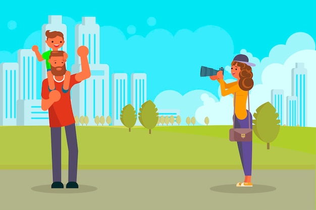 Woman taking photo of husband with son vector illustration