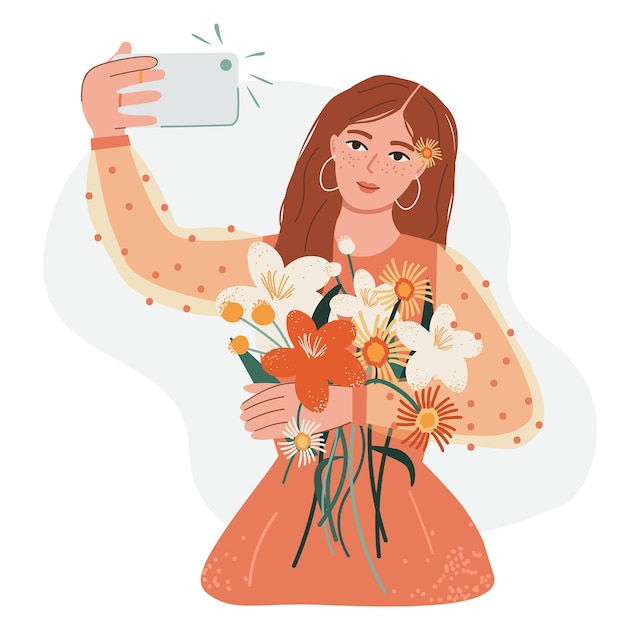 Vector woman taking a photo with smartphone in handsocial media influencegirl with flowers make selfie