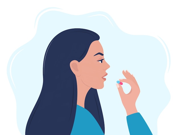 Vector woman taking a pill in to her mouth woman holds a pill in her hand and intends to take it