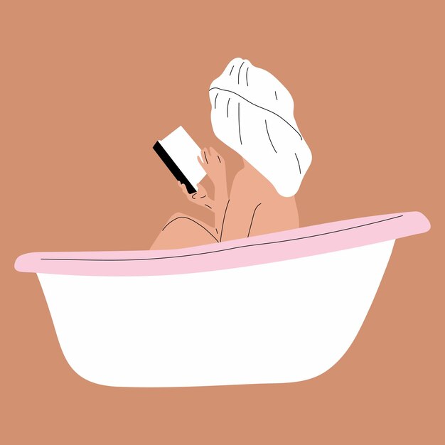 リラックスできる泡風呂に入って本を読む女性、側面図。漫画のスタイルのベクトル。