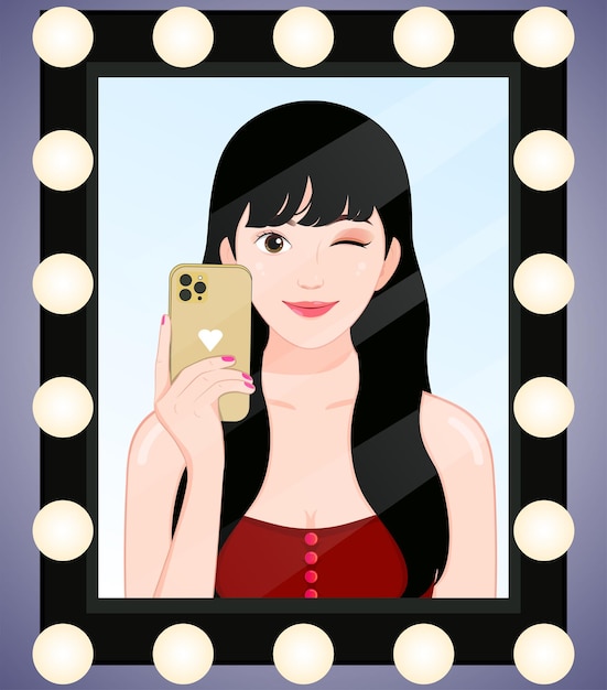 Vector woman taking selfie in front of mirror using mobile smart phone camera skin care make up concept