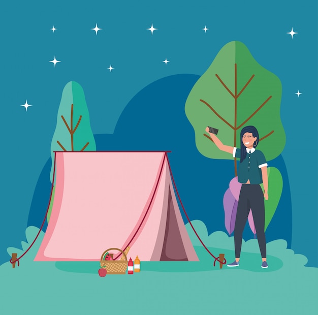 Vector woman taking selfie night tent camping picnic