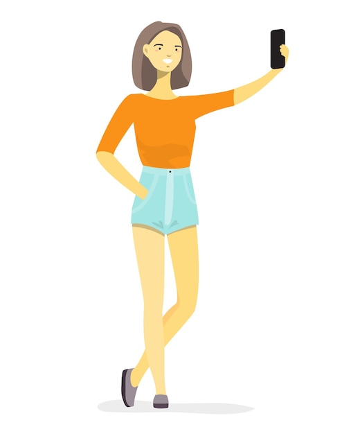 Woman taking selfie photo by mobile camera vector