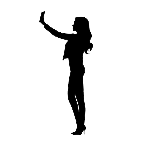 Vettore donna che si fa un selfie con il telefono cellulare donna che si fa un selfie donna che si fa una foto con la silhouette del telefono