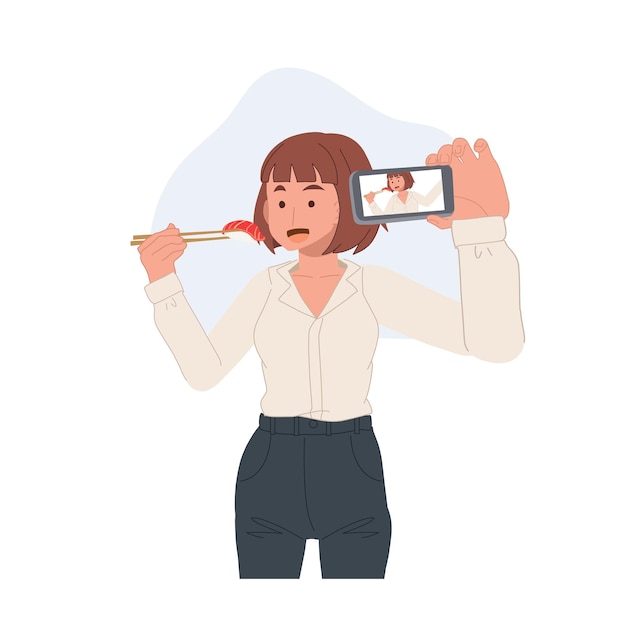 Woman taking selfie with food sushi taking picture by phone Flat vector cartoon character illustration