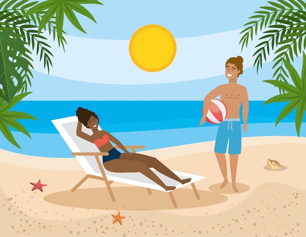 Vector woman taking sun in the tanning chair and man with bach ball