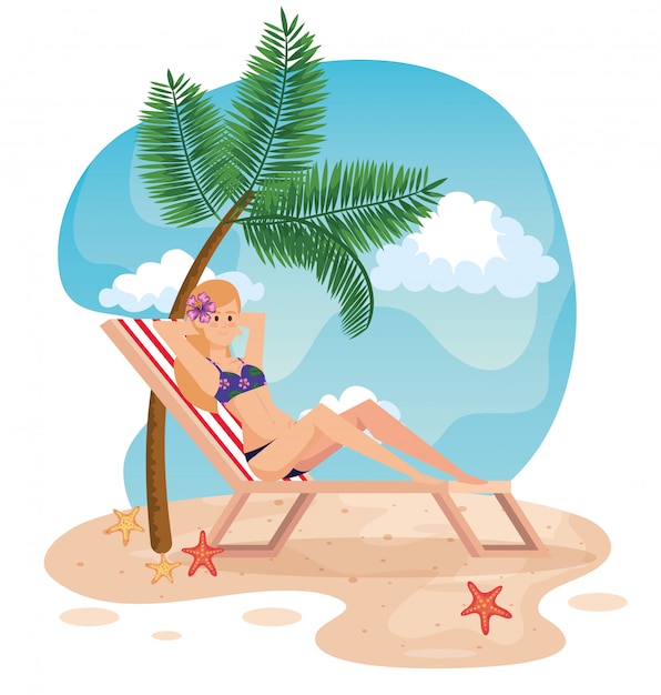 Woman taking sun in the tanning chair with palm tree